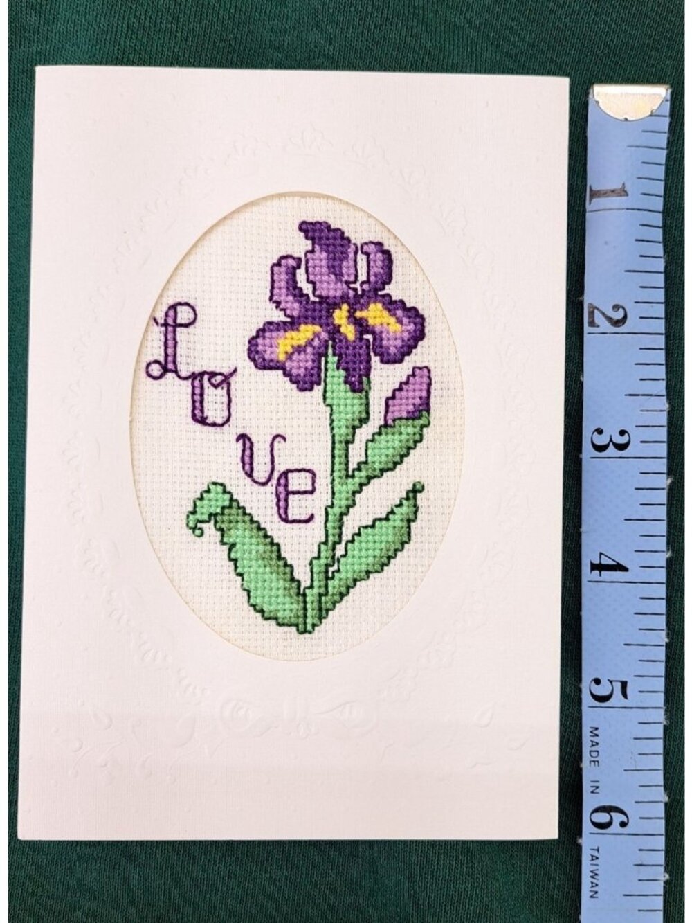 Vintage Handmade Card Counted Cross-Stitch Iris Embossed 2062 Love With Envelope - Picture 8 of 9